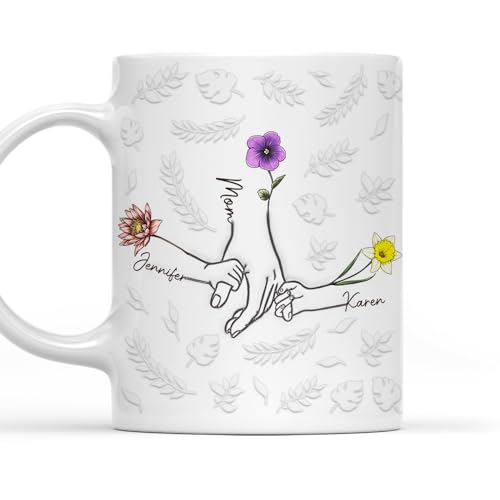 Wrappiness Hand In Hand, Heart In Heart Mug - Personalized Custom 3D Inflated Effect Ceramic Mug - Gift for Family, Sisters, and Friends with Birth Month Flowers Design