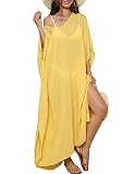 Youuxooa Turkish Swimsuit Coverup for Women Caftans Plus Size Kaftan Side Slit Beachwear Maxi Dress Yellow
