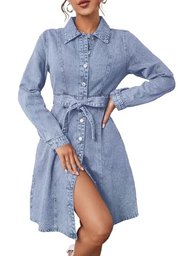 Image of Denim Dress for Women Button Down Casual Long Sleeve A-Line Belted Midi Jean Dresses with Pockets