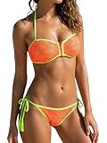 Bikini Femme Deux Pièces, Orange et Jaune Fluo, Maille Crochet, Zip Frontal, Bretelles Halter, Bas à Lacets Latéraux, Tailles S à XL (FR/ES, Alpha/Lettres, S, Taille Normale, Taille Normale)
