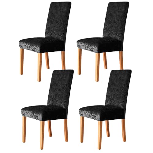 LIPOR Set of 4 Stretch Black Crushed Velvet Dining Room Chair Covers Soft Thick Chair Slipcovers for Dining Room Kitchen Decor Parsons Chair Seat Cover for Party Ceremony (4, Black)