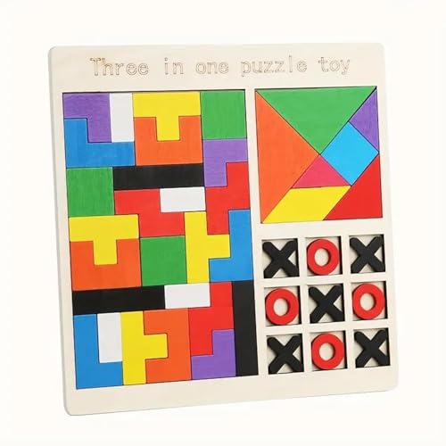 Image of Fun4You 3 in 1 Wooden Puzzle Toy for Kids - Tangram, Tetris, Tic Tac Toe Board Game - Montessori Learning Toy for Boys Girls 3 4 5 Years - Educational Brain Teaser Gift for Toddlers