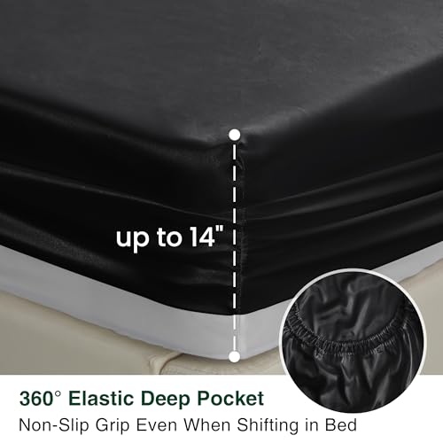 Love's cabin Satin Queen Sheets Set - 4 Piece Black Silky Bed Sheets Set with Deep Pocket, Luxury Silk Feel Satin Queen Size Sheet Set (1 Flat Sheet,1 Fitted Sheet,2 Pillow Cases)