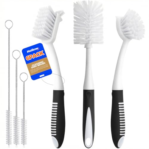Image of Holikme 6 Pack Dish Brush Set with Bottle Brush, Dish Scrub Brush, Pan Brush and 3 Straw Brushes, Deep Cleaning Handle Brush with Scraper Tip for Kitchen Sink Dishes Bottle Cup Pot and Pans (Black)