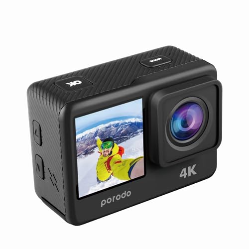 Porodo Lifestyle Waterproof Action Camera 900mAh Waterproof Case Included Multiple Shooting Modes Dual Screen Display 16MP HD Photos Video/30fps Capture - Black