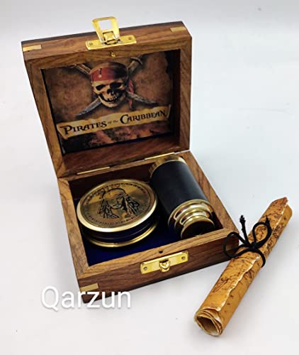 Brújula de latón con telescopio plegable en caja de madera miniatura 3