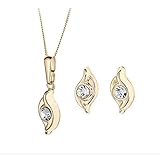9 Karat Gelbgold Doppel Swirl Kristall Ohrringe und Anhänger Set mit 9 Karat Gelbgold Diamantschliff Panzerkette