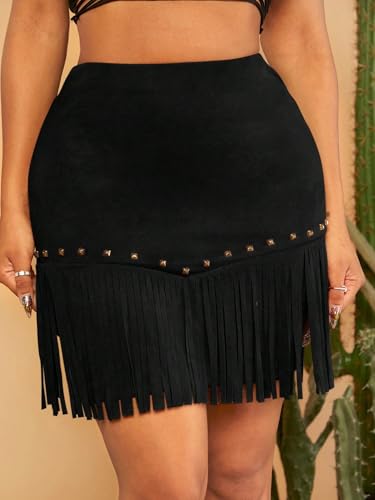 Women's Studded Fringe Hem Skirt Tassel High Waist Bodycon Skirts