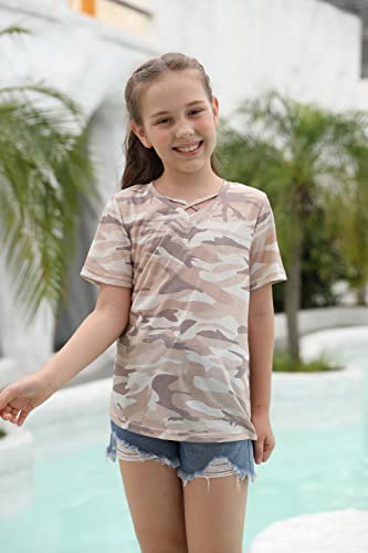 Image of Girls Camouflage Stripe Short Sleeve Shirts V Neck Criss Cross Tees Sweat Kids Casual Sport Tops Blouse(4-15T)