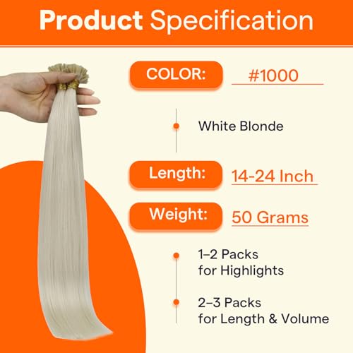 Image of Full Shine K Tip White Blonde Hair Extensions, 22 in 50g 50s