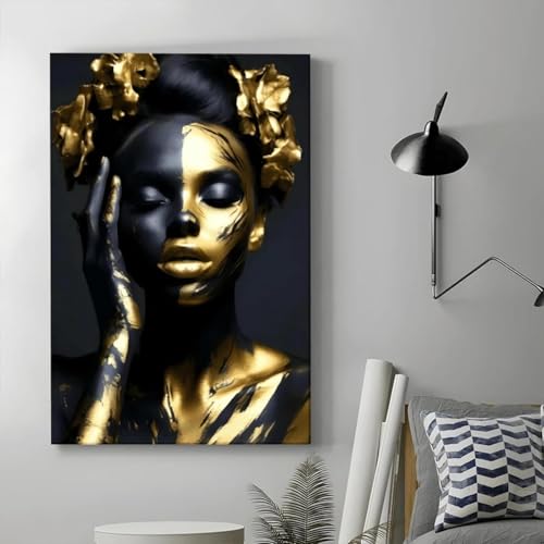 Toile femme africaine or noir grand format 70x100 cm décoration murale design - 4