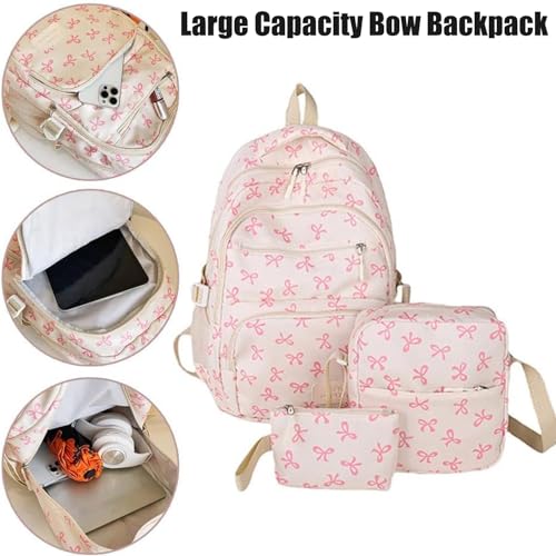 Bow Backpack For Girls, Large Capacity Backpack 3pcs Set, Style Fashion Travel (Red)3