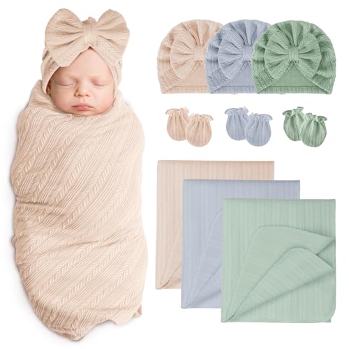 Image of AQOKKA Baby Swaddle Blankets with Bow Hat Mittens Set Wheat-Pattern Infant Receiving Blankets Swaddles for Newborns Unisex Toddler Swaddle Wrap Sets for Baby Girls Boys Nursery Warm Shower Gift