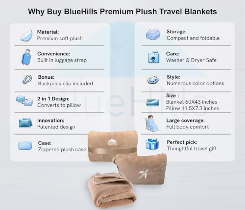Image of BlueHills 2-Pack Mini Premium Soft Plush Travel Blanket Pillow Airplane Essentials for Two in bag Flight Traveling Warm Portable Plane Blankets Compact Cozy Traveler Backpack Blankets Warm Beige - M26