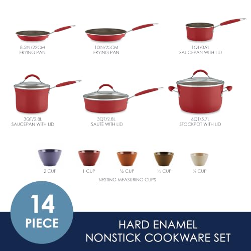 Image of Rachael Ray Cucina Nonstick Cookware Pots and Pans Set, 14-Piece, Cranberry Red