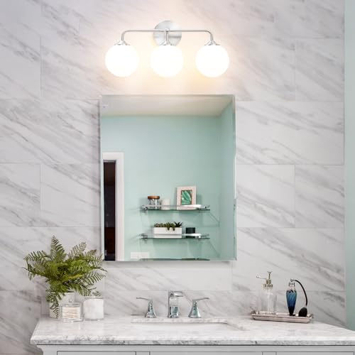 Image of Elagant Modern Brushed Nickel Bathroom Vanity Lights, 3-Lights Bathroom Light Fixtures with Milky White Globe Glass Shade, Bathroom Wall Sconces Light over Mirror Dressing Table Bedroom Living Room