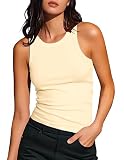 Artfish Women's Sleeveless Full Length Ribbed Fitted Racerback Workout Crew High Neck Basic Tank Top (Beige Apricot, XL)