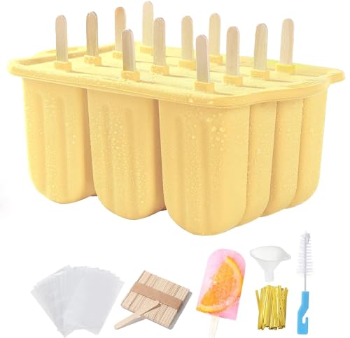Popsicles Molds Set, 12 Cavity Homemade Maker Ice Pop Mold, Silicone Freezer Molds with 50 Popsicle Sticks 50 Popsicle Bags 50 Ties Funnel Recipes and Brush (Yellow)
