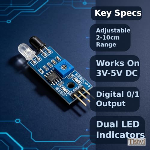 Image of Tishvi IR Sensor Module for Obstacle Detection - High Sensitivity Infrared Proximity Sensor with Adjustable Distance, Compatible with Arduino, Raspberry Pi, and ESP32 Projects (Pack of 5)