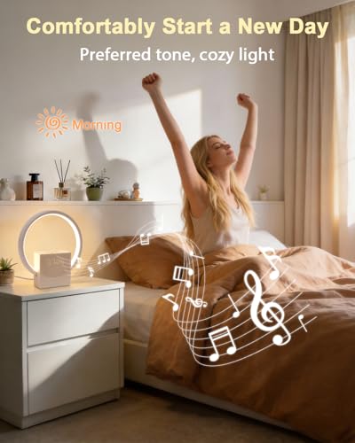 FIALAME Wake Up Light Sunrise Alarm Clock for Heavy Sleepers Adults,White Noise Sound Machine with 8 Natural Sounds,Digital Alarm Clock with 3-Level Lighting,30/60/90 Timer,Snooze,USB Charger Port