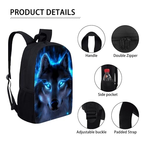 Binienty Schulrucksack für Kinder, Jungen, Mädchen, Teenager, leicht, für Bücher, Laptop, lässiger Tagesrucksack, Blauer Wolf, Einheitsgröße
