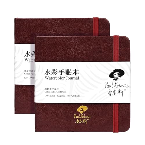 Paul Rubens 正方形 水彩日記帳 2パック 40枚 綿100% 無酸 コールドプレス 水彩スケッチブック 4.72 x 4.72インチ 140ポンド 300gsm 水彩絵の具、グワッシュ、アクリル用