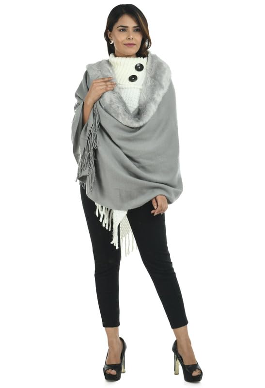 Image of Manra Women's Solid Faux Fur Border Stole Shawl Warm Wrap Cape for Winters (SC 14)