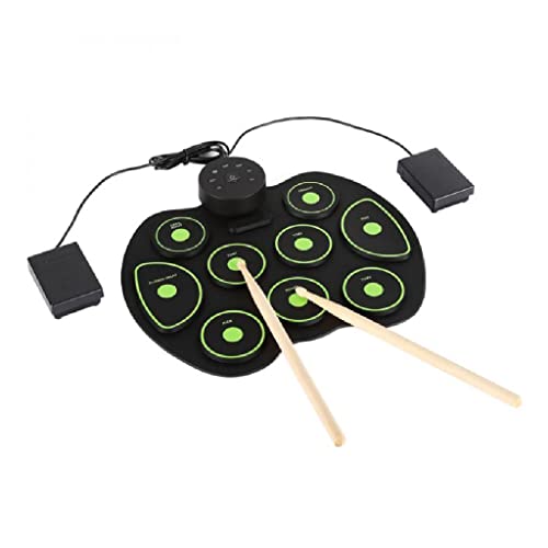 ポータブル電子9ドラムパッドは、ドラムスティックとサスティンペダルでドラムをロールアップできます 子供と学生がドラムを練習するための(カラー: グリーン)