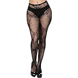 WEANMIX Ramona Flowers Floral Lace Patterned Fishnet Tights Plus Size Thigh High Pantyhose Black Stockings for Women