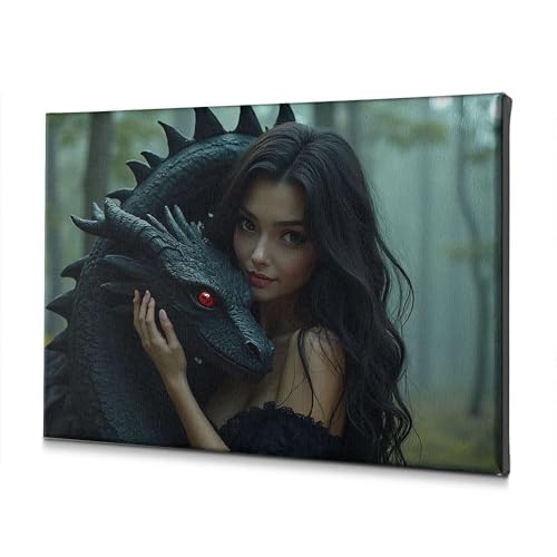 Tableau sur toile femme au dragon noir art mural de prestige 30x40
