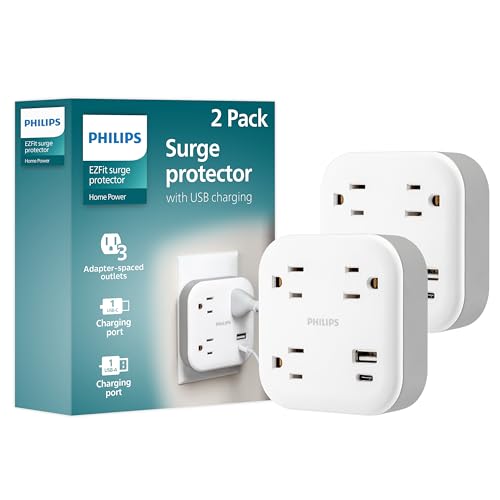 Philips EZFit 3-Outlet Surge Outlet Extender with USB 1 USB-A 1 Type-C Adapter Spaced Charging Station 12W 980 Joules 2 Pack White - SPP3605W/37