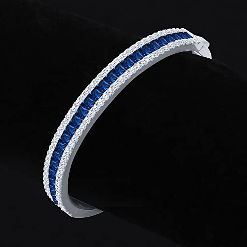 Usdiamondking 18+ Grams Real Genuine Italian Sterling Silver Sapphire Blue 6.75 Cwt. Princess & Round Cut Simulated Diamond 14K White On Bangle Bracelet #TOP2