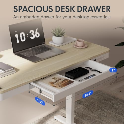 Image of FLEXISPOT Comhar 48 inch Electric Standing Desk with Storage, Built-in Drawer & USB Charging Ports, Height Adjustable Sit Stand Computer Desk, Quick Assembly, Child Lock, Light Maple Finish /White Legs