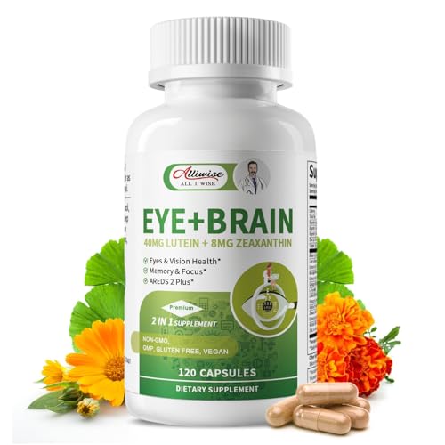 Eye + Brain Supplements for Memory and Focus, Lutein 40mg, Zeaxanthin, Astaxanthin, Bilberry, Lion’s Mane, Bacopa Monnieri, Ginkgo Biloba, 14 in 1 Eye Vitamins for Adults & Seniors 120 Capsules