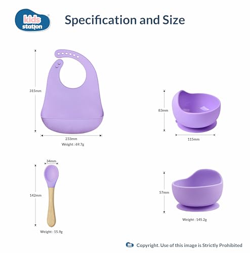 Image of Kids Station Solid 3 Piece BPA-Free Silicone Baby Feeding Set - Baby Bib - Spoon And Bowl - Make Mealtime Fun And Easy For Your Little One - For Infants + Toddlers - Baby Self Feeding Habit - Purple