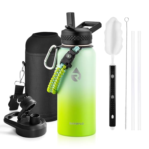Image of RAYMYLO Insulated Water Bottle 32 oz, Triple Wall Vacuum Stainless Steel (Cold for 24Hrs, Hot for 12Hrs), Leak Proof & Non-BPA, Modern Water Flask Jug with Paracord Handle & Straw Spout Lids