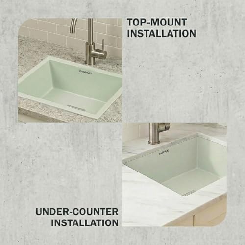 Image of BASINQU Quartz Sink for Kitchen | 24x18x9 Inches Sand-Choco Single Bowl Kitchen Sink | Granite UV Protected Scratch Resistant, Undermount /Topmount Kitchen Sinks