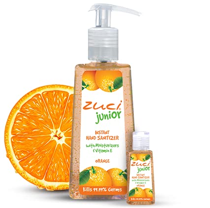 Zuci Junior Orange Scented Hand Sanitizer | Instant Germ Protection | Alcohol Gel-Based | Travel-Friendly - 250ml + 30ml Combo Pack