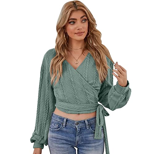 Image of ZAFUL Women's V Neck Sweater Lantern Long Sleeve Pullover Cable Knit Cross Crop Top Casual Tie Wrap Tunic Jumper Blouses