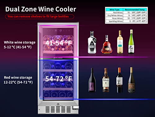 Fovomi 15" Wine Cooler Fridge 34 Bottles (Bordeaux 750Ml) Compressor Wine Cellars,Built-In Or Freestanding Dual Zone Refrigerator - Chiller For Kitchen,Home Bar #TOP3