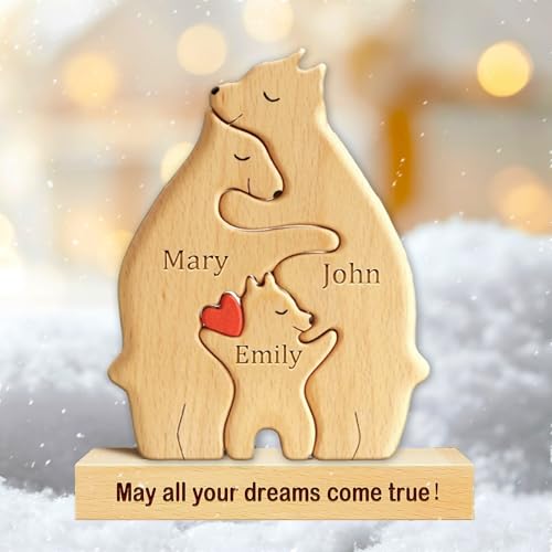 Personalized Wooden Bear Puzzle with 2-8 Family Name Custom Name Wooden Bear Family Puzzle for Mothers Day Fathers Day Christmas House Warming Gifts Birthdays Anniversary (B)