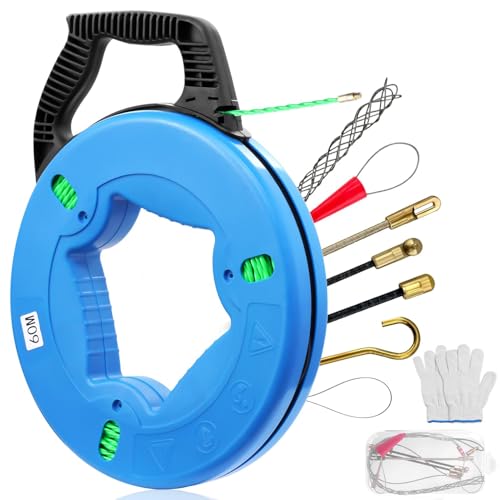 Teodute Fish Tape Wire Puller 4.5mm 196FT Electrical Fish Tape with 7 pcs Leader Tip Fish Tape Fiberglass PET Wire Fishing Tools Cable Running Rod with Steel Reel Stand for Wiring