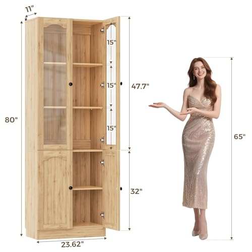 Image of Cyclysio 80 inch Tall Pantry Cabinet with 4 Doors, Natural Oak Kitchen Pantry Storage Cabinet with Built-in Baseboard Notch & Adjustable Shelves - Kitchen Storage Cabinet for Dining, Living, Office