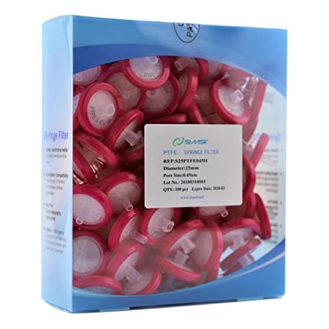Simsii Syringe Filter, Hydrophobic PTFE Membrane Disc, Diameter 25 mm, Micron Pore Size 0.45 um, Pack of 100 Cover