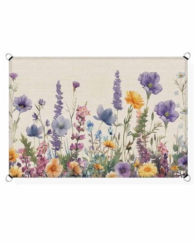 Boanket Sun Shade Sail 14' x 18', Spring Floral Large Heavy Duty Outdoor Shades Sun Screen, Purple Flowers Summer Botanical Rustic Shade Cloth for Patio Deck Terrace Garden Lawns Beach Backyard