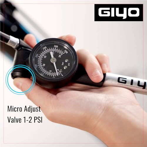 GIYO Hochdruck Fahrrad-Dämpferpumpe für MountainbikeVorder-/Hinterradfederung Aluminiumzylinder 1.5 Zifferblattmanometer Mikro-Einstelltaste | 350 PSI 360° Drehbarer Schlauch | Hergestellt in Taiwan