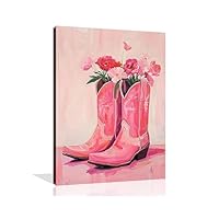 OWNANRTHM Cowgirl Canvas Wall Art Pink Floral Boot Wall Art Trendy Pink Cowgirl Boots Poster Pink Cowboy Prints Pink Preppy Pictures Pink Cowgirl Aesthetic Painting for Girl Bedroom Framed 12X16 inch