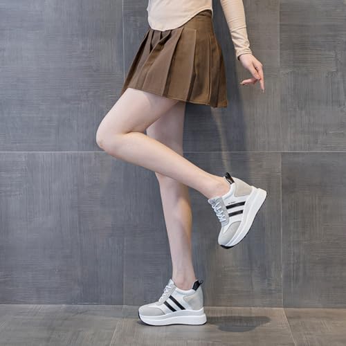 Image of Platform Sneakers for Women High Hidden Heel Wedge Sneakers Fashion Leather Chunky Lace up Wedge Tennis Shoes Increasing 3.94 inch