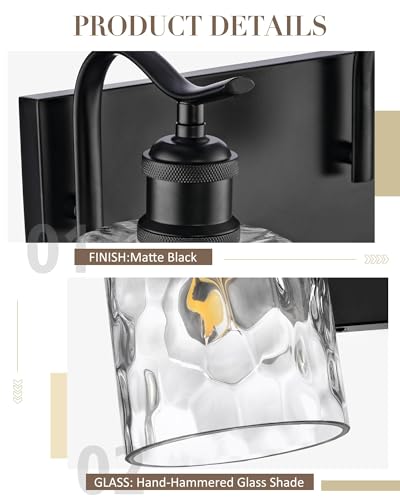 Image of Bathroom Vanity Light Fixtures Over Mirror 3-Light Hammered Glass Wall Mounted Modern Black - VL01BKH-3