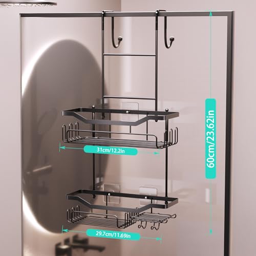 HapiRm Hanging Shower Caddy Over the Door with Soap Holder, No Drilling Adhesive Shower Organizer with 11 Hooks, Rustproof & Waterproof 304 Stainless Steel Bathroom Shelves - Black - Image 6